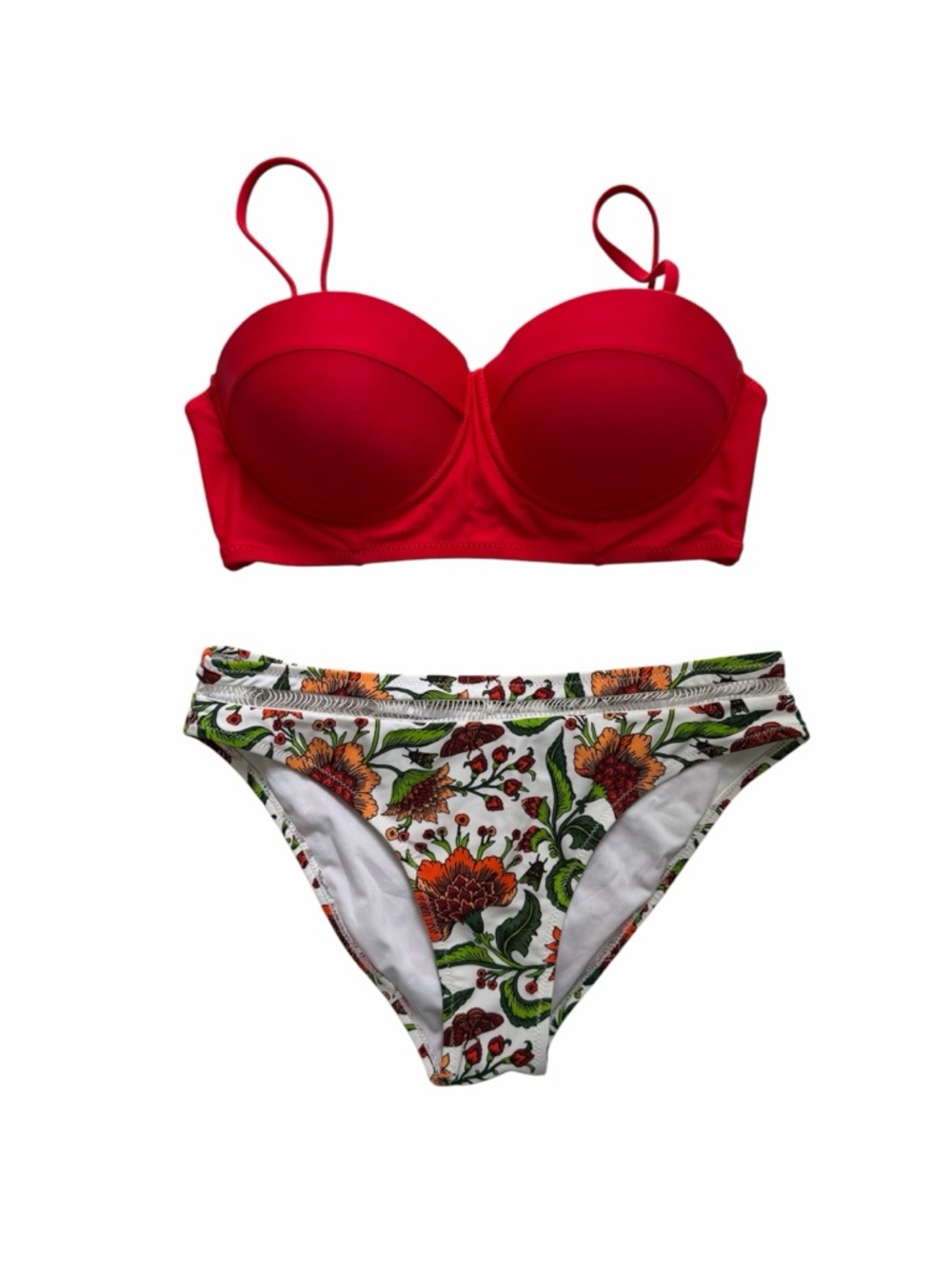 Red Bandeau Bikini Top with Floral Print Bottom - Women Swim
